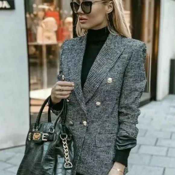 ZARA Double Breasted Houndstooth Blazer - Picture 5 of 12